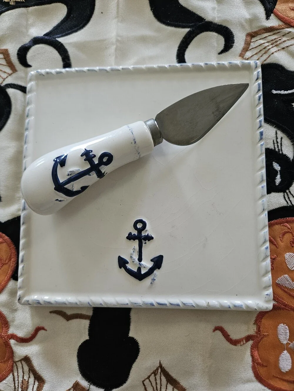 Ceramic Nautical Anchor Appetizer Cheese Plate and Spreader Set White Blue
